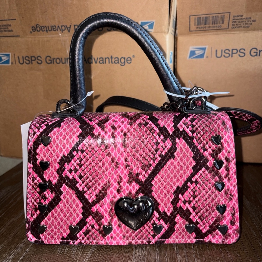 Betsey Johnson Pink and Black Snake-Print Mini Top Handle Bag
